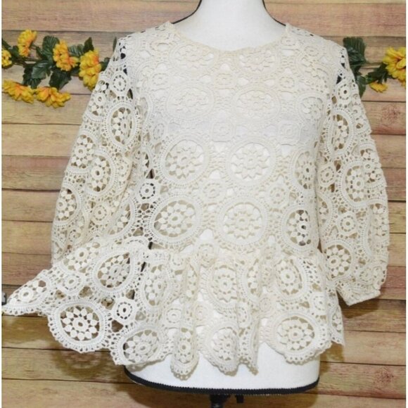 Justfab Ladies S Cream Crochet 3/4 Puff Sleeve Top Cottage Granny Core Boho - Picture 3 of 10